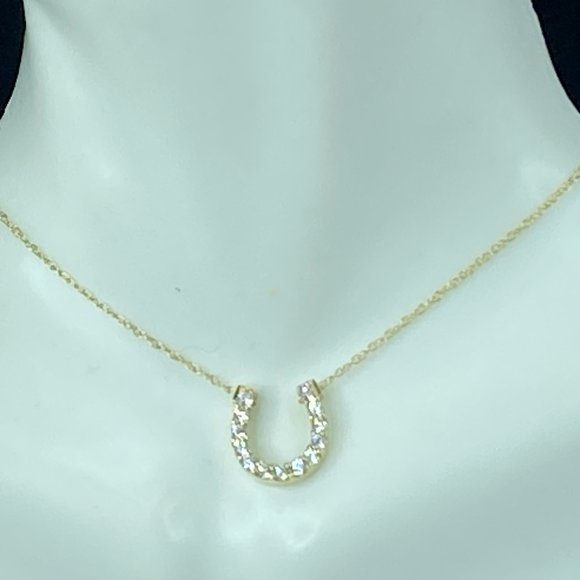 14K yellow gold 0.2ct round brilliant diamond HorseShoe pendant necklace 1.6g 17